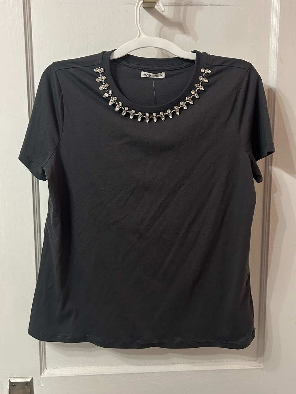 Embellished Charcoal Short-Sleeve Tee with Jewel Neckline